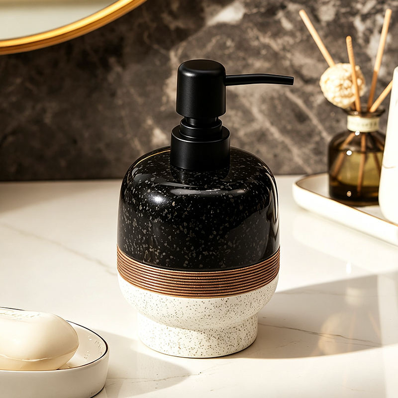 Speckled ceramic soap dispenser with black pump