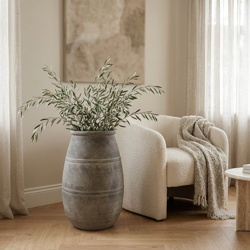 Large grey rustic floor vase with olive branches