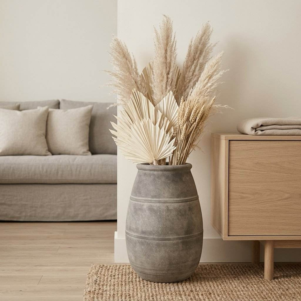 Grey ceramic vase with dried pampas grass
