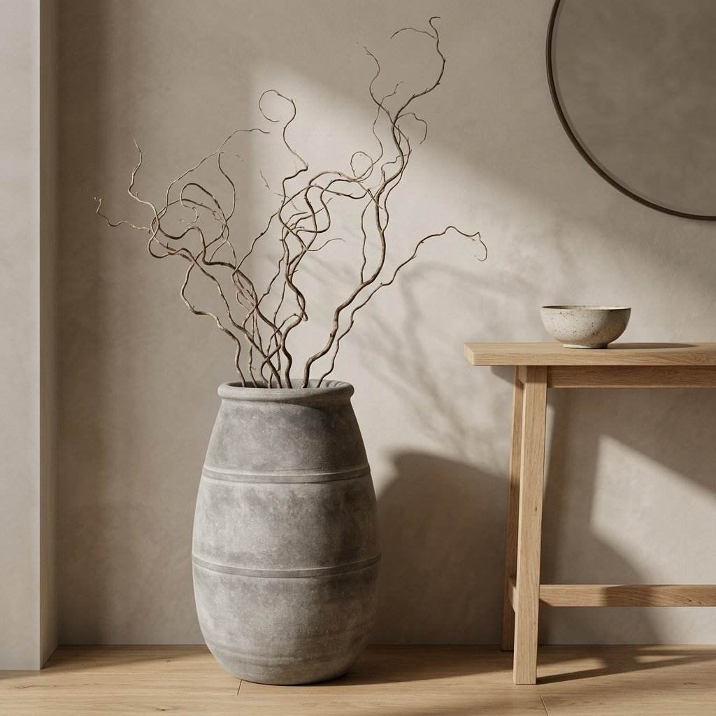 Grey floor vase with decorative branches by console table
