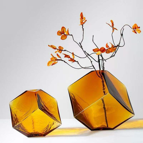 Amber geometric concave glass vases with decorative stems