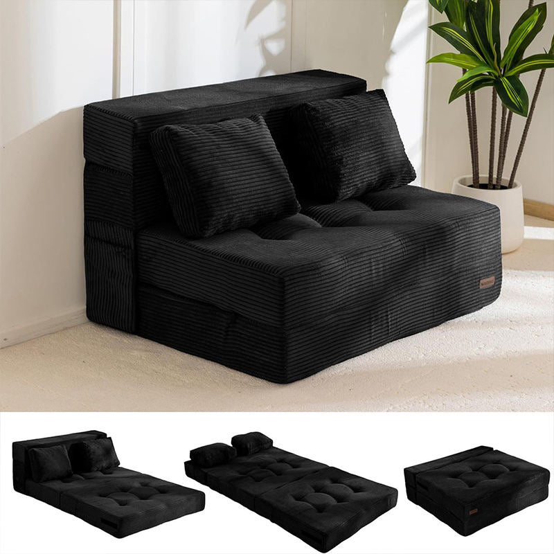 Black corduroy convertible sofa bed shown in sofa and bed configurations