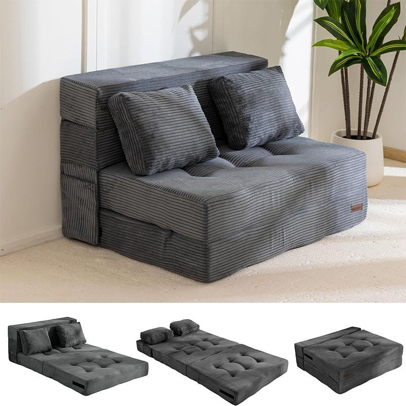 Grey corduroy convertible sofa bed shown in sofa and bed configurations