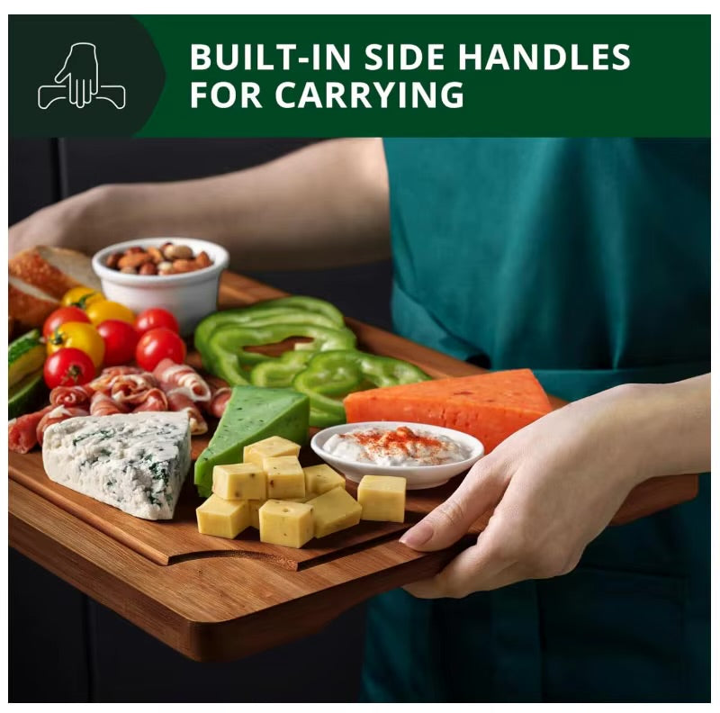 Acacia chopping board used as a serving platter with integrated side handgrips
