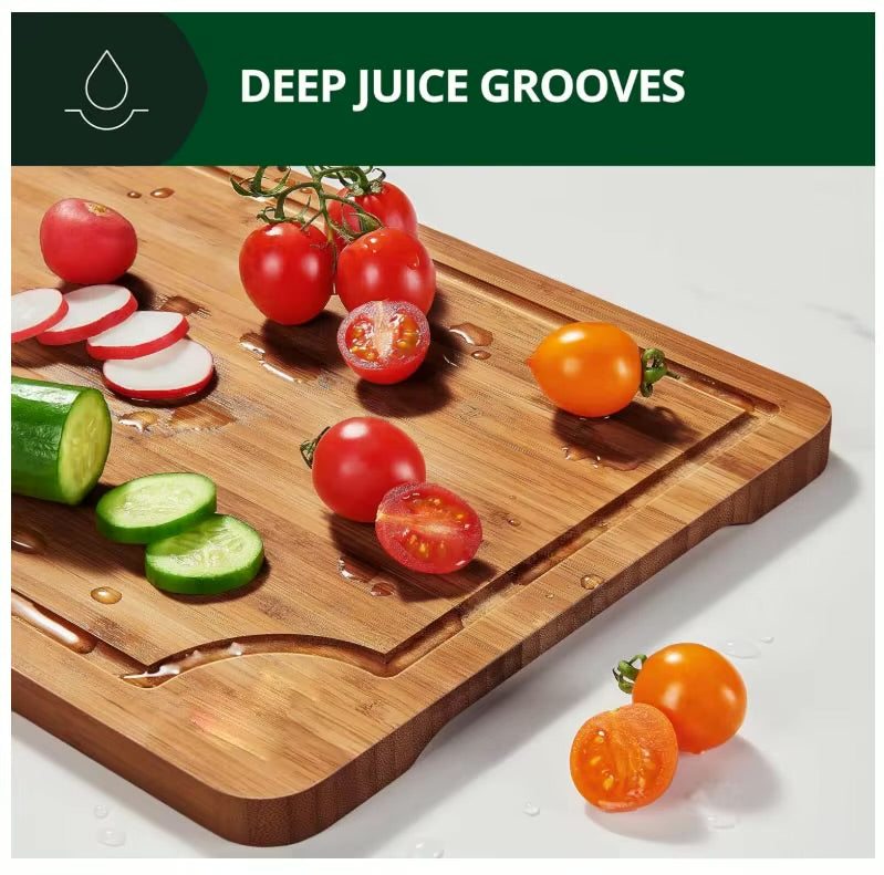 Cutting board juice grooves catching liquids beside vegetables