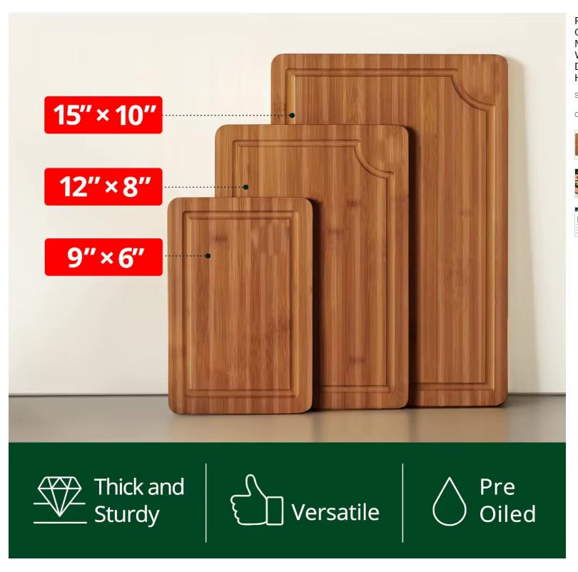 Three acacia wooden cutting boards of different sizes displayed together with measurements