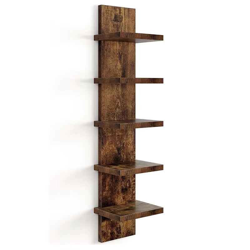 Brown wood-effect five-tier floating wall shelf against white background