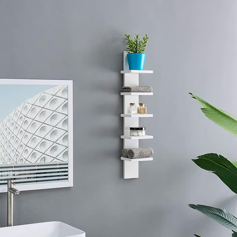 White five-tier vertical floating wall shelf in modern bathroom