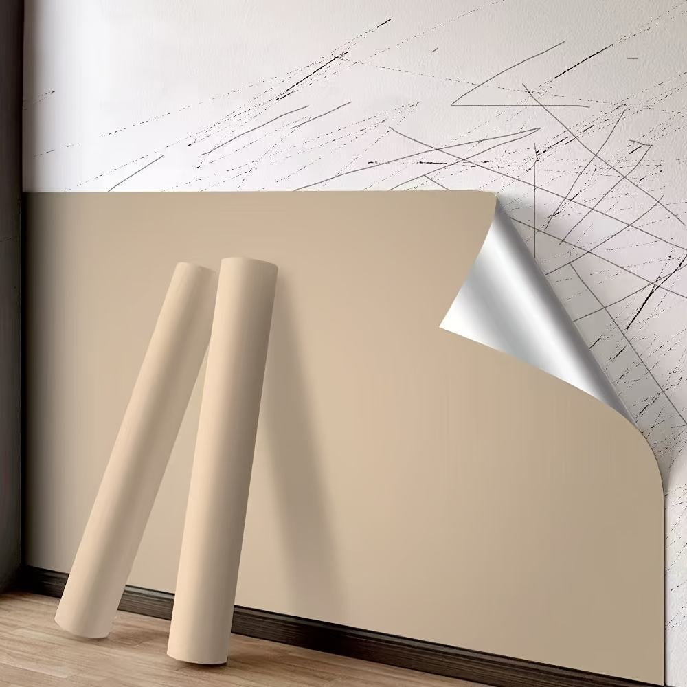 Beige self-adhesive wallpaper roll showing peel-and-stick backing
