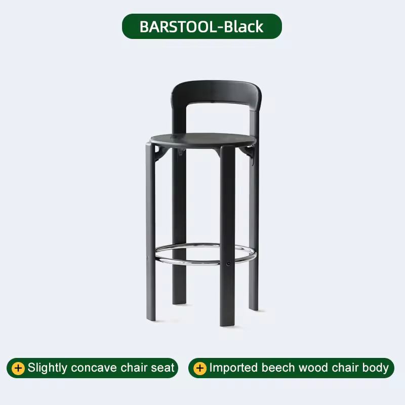 Soren black wood barstool with backrest and metal footrest