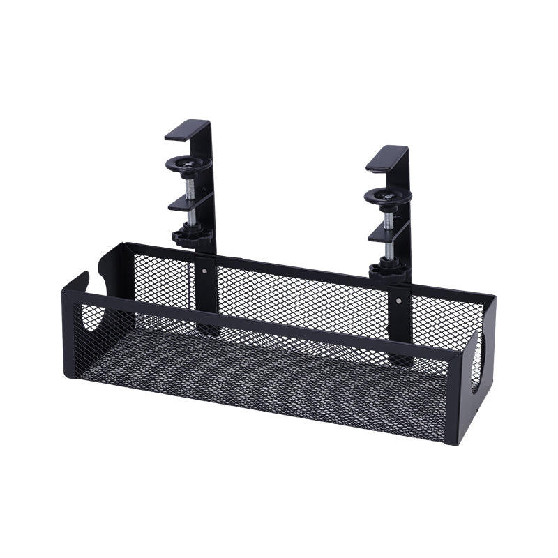 Black metal under-desk cable management tray with clamp mounts
