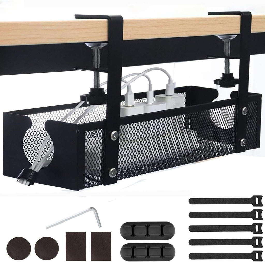 Black no-drill under-desk cable management tray installed beneath a desk