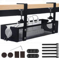 Black no-drill under-desk cable management tray installed beneath a desk