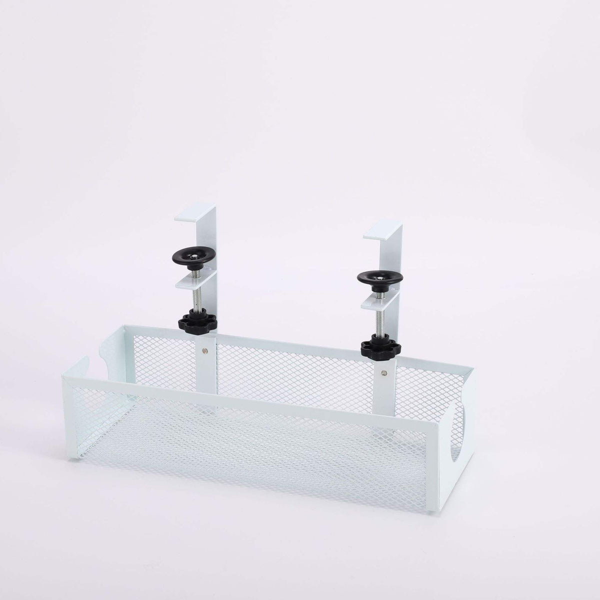 White metal under-desk cable management tray with clamp mounts